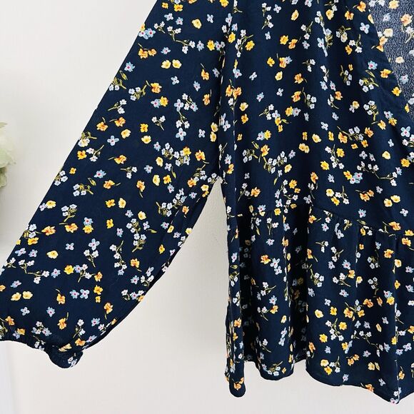 Loft Navy Blue & Yellow Floral Chiffon V Neck Flowy Blouse ~ Size Large - Picture 3 of 7